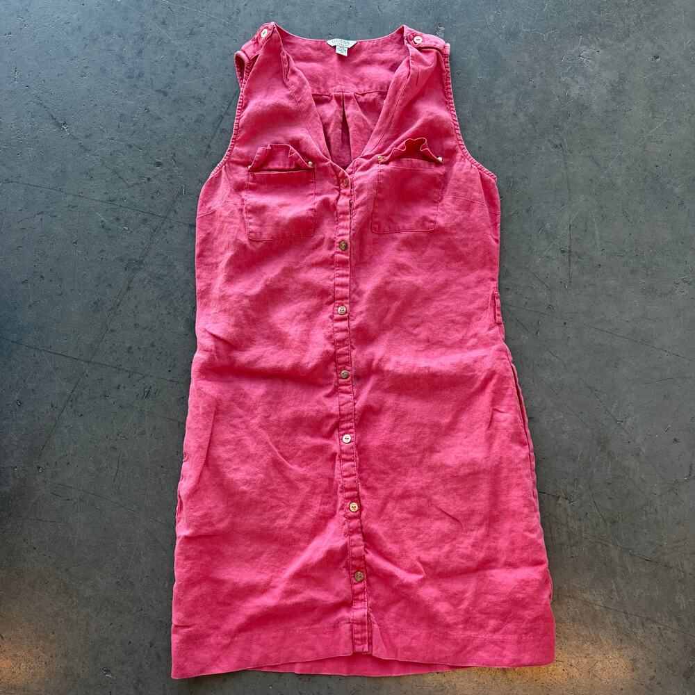 Vintage Y2k Guess Linen Pink Pocket Button up Tank Top Sleeveless Dress Medium